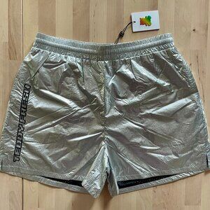 Teddy Fresh Silver Metallic Drawstring Panel Shorts size XS Relaxed Fit NWT NEW